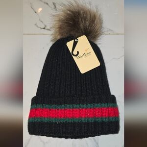 Wild Honey Black Beanie with Luxurious Vibrant Green & Red Stripes